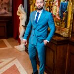 Costum Bărbați Turcoaz Elegant Două Rânduri 88% Lana Super 160’s