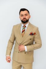 Costum Bărbați Crem Vitale Două Rânduri Elegant 88% Lana Super 160’s - imagine 4