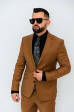 Costum Bărbați Bej Închis Elegant  88% Lana Super 160’s - imagine 3