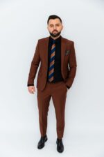 Costum Bărbați Maro Deschis Elegant & Business 88% Lana Super 160’s - imagine 3