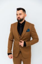 Costum Bărbați Bej Închis În Dungi Business & Elegant - imagine 7