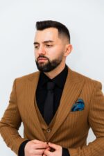 Costum Bărbați Bej Închis În Dungi Business & Elegant - imagine 6
