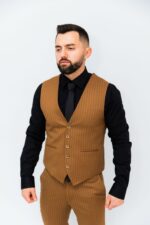 Costum Bărbați Bej Închis În Dungi Business & Elegant - imagine 4