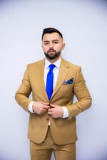 Costum Bărbați Bej Elegant 88% Lana Super 160’s - imagine 3