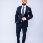Costum Bărbați Modern & Smart Casual Negru În Dungi 88% Lana Super 160’s