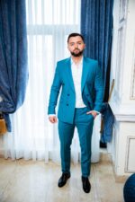 Costum Bărbați Turcoaz Elegant Două Rânduri 88% Lana Super 160’s - imagine 3