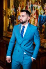 Costum Bărbați Turcoaz Elegant Două Rânduri 88% Lana Super 160’s - imagine 4