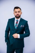 Costum Bărbați Verde Smarald Două Rânduri Elegant 88% Lana Super 160’s - imagine 2