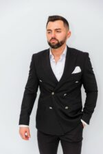 Costum Barbati Negru La Două Randuri De Butoni Metalici - imagine 2