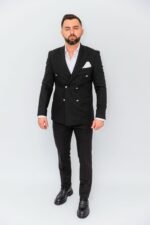 Costum Barbati Negru La Două Randuri De Butoni Metalici